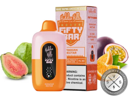Fifty Bar 20K Hidden Hills Hawaiian Nectar disposable vape and box with guava, passion fruit and oranges