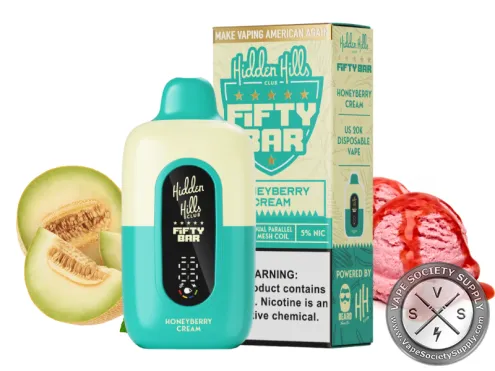 Fifty Bar 20K Hidden Hills Honeyberry Cream disposable vape and box with honeydew melon and strawberry ice cream