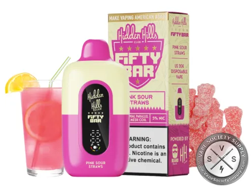 Fifty Bar 20K Hidden Hills Pink Sour Straws disposable vape and box with a glass of pink lemonade and pink sour gummies