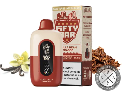 Fifty Bar 20K Hidden Hills Vanilla Bean Tobacco disposable vape and box with vanilla pods and dried tobacco