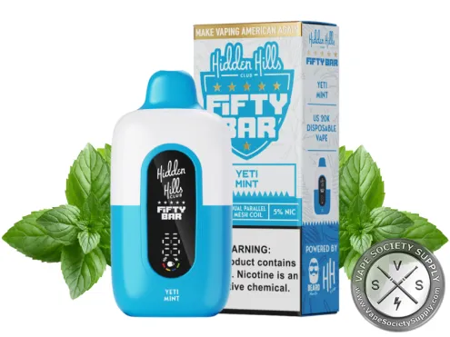 Fifty Bar 20K Hidden Hills Yeti Mint disposable vape and box with mint leaves