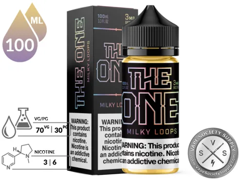 Milky Loops THE ONE 100ml bottle with a 70/30 VG/PG icon and nicotine strength icons