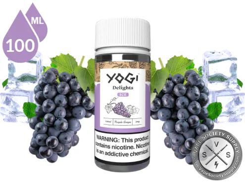 Purple Grape Ice by YOGI Delights 100ml bottle with purple grapes, mint leaves and ice cubes