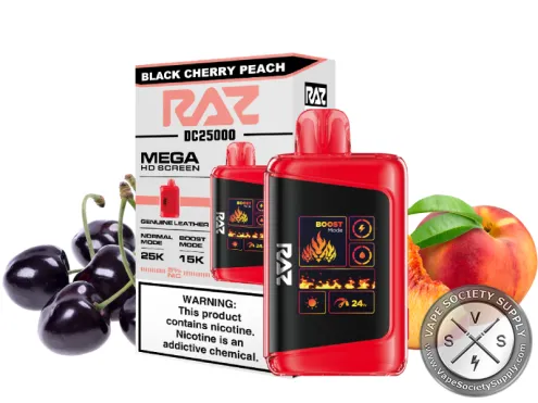 RAZ LTX 25K Black Cherry Peach disposable vape and box with black cherries and a peach
