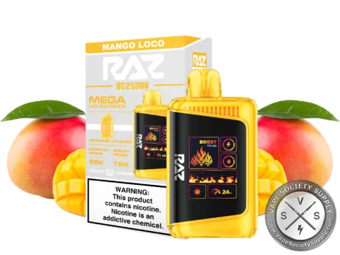 RAZ LTX 25K Mango Loco disposable vape and box with mangoes