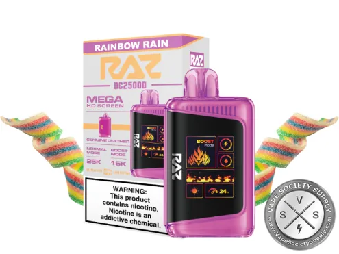 RAZ LTX 25K Rainbow Rain disposable vape and box with rainbow candy straws
