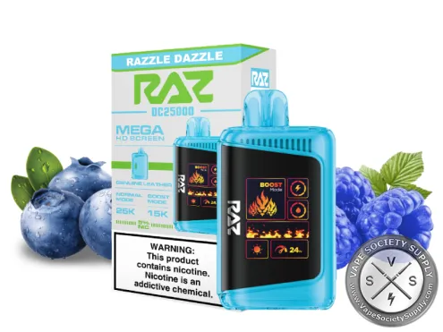RAZ LTX 25K Razzle Dazzle disposable vape and box with blueberries and blue raspberries
