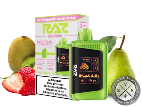 RAZ LTX 25K Strawberry Kiwi Pear disposable vape and box with a strawberry, a kiwi and a pear