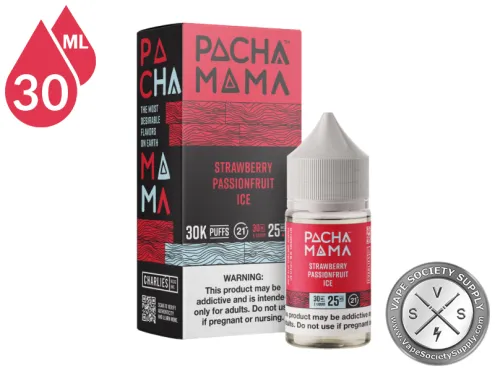 Strawberry Passionfruit Ice PACHA MAMA Salt 30ml bottle in front of its box