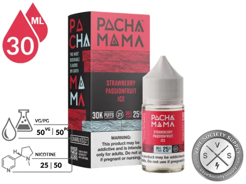 Strawberry Passionfruit Ice PACHA MAMA Salt 30ml bottle and box with a VG/PG icon and nicotine strength icons
