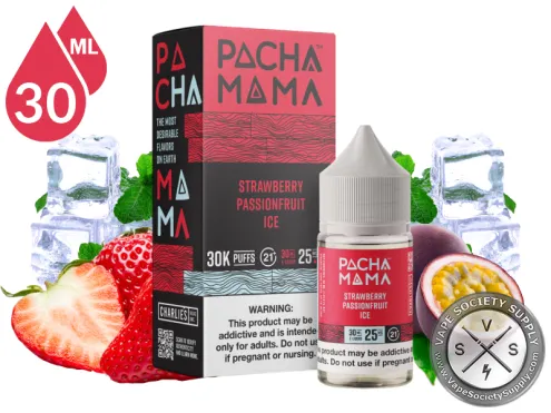 Strawberry Passionfruit Ice PACHA MAMA Salt 30ml bottle and box with strawberries, passion fruit and ice