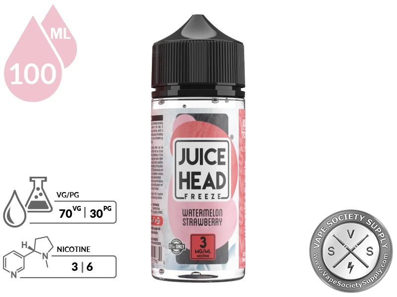 Watermelon Strawberry Juice Head Freeze 100ml bottle with a 70/30 VG/PG icon and nicotine strength icons