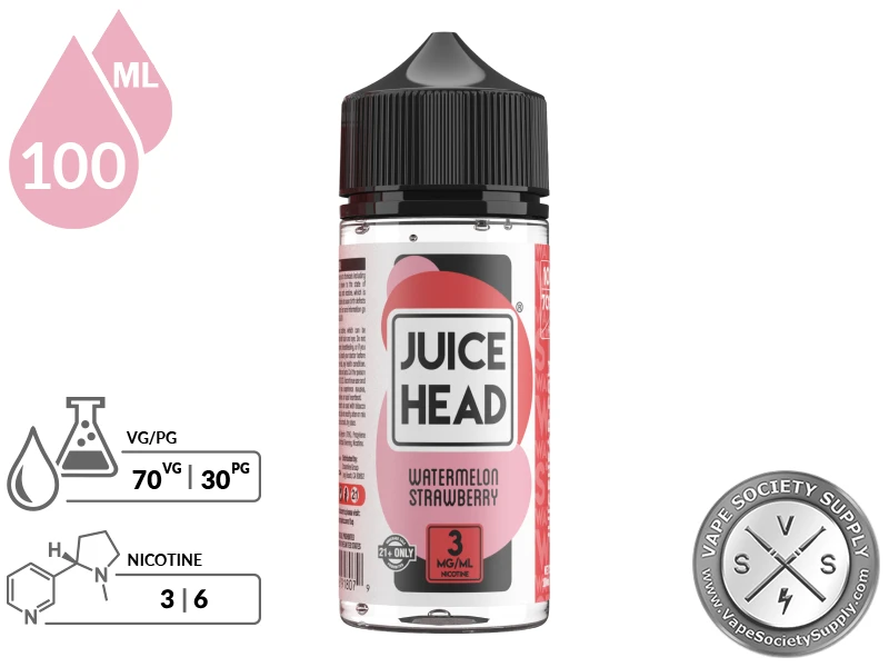 Watermelon Strawberry Juice Head 100ml bottle with a 70/30 VG/PG icon and nicotine strength icons
