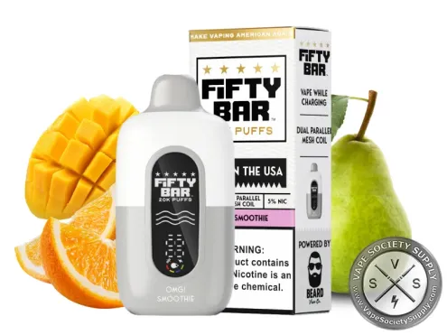 Fifty Bar 20K White Series Frozen Orange Mango Pear (OMG! Smoothie) disposable vape and box with mangoes, orange slices and a pear