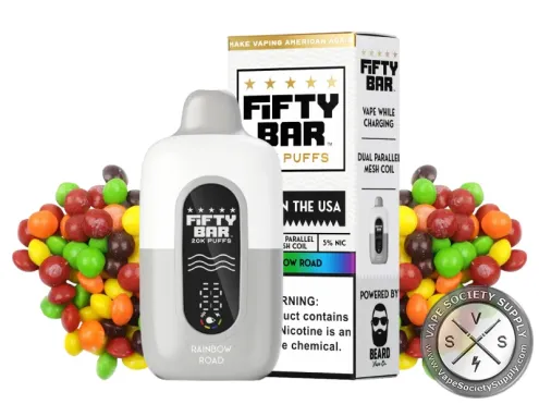 Fifty Bar 20K White Series Strawberry Lemon Grape (Rainbow Road) disposable vape and box with fruit candies