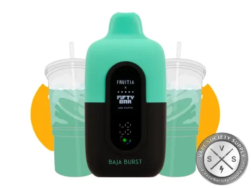 Fifty Bar 20K Fruitia Baja Burst disposable vape with cups of teal drink with straws