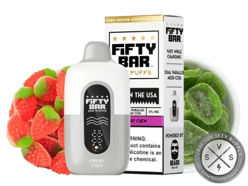 Fifty Bar 20K White Series Strawberry Kiwi Ice (Kiberry Chew) disposable vape and box with strawberry gummies and kiwi slices