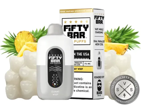 Fifty Bar 20K White Series Pineapple Whip (Gummy Whip) disposable vape and box with white gummy bears and pineapple
