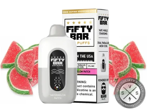 Fifty Bar 20K White Series Frozen Watermelon (Watermelon Patch) disposable vape and box with watermelon gummy slices