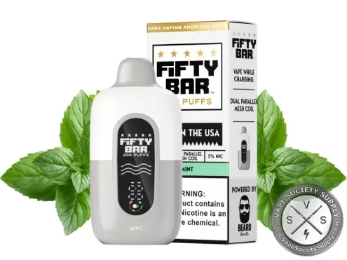 Fifty Bar 20K White Series Mint disposable vape and box with mint leaves