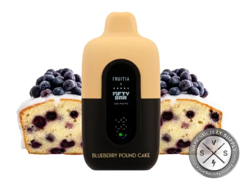Fifty Bar 20K Fruitia Blueberry Pound Cake disposable vape with slices of blueberry pound cake