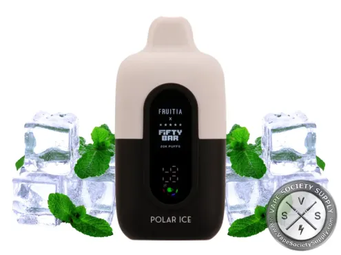 Fifty Bar 20K Fruitia Polar Ice disposable vape with ice cubes and mint leaves