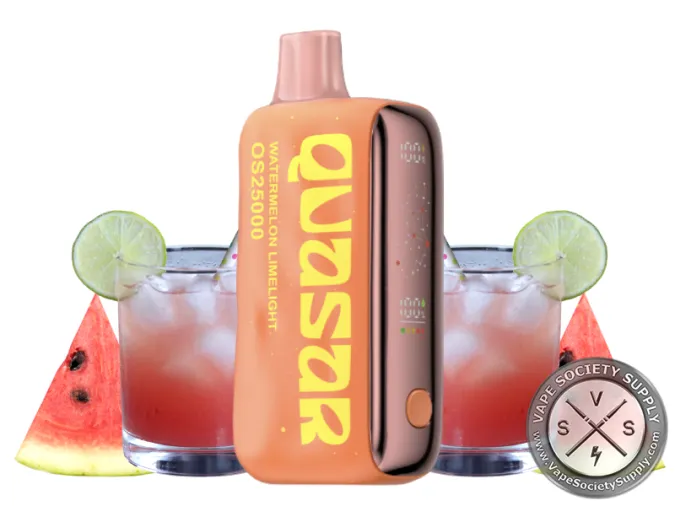 Lost Mary Quasar OS25000 Watermelon Limelight disposable vape next to watermelon slices and glasses of a red drink with lime slices