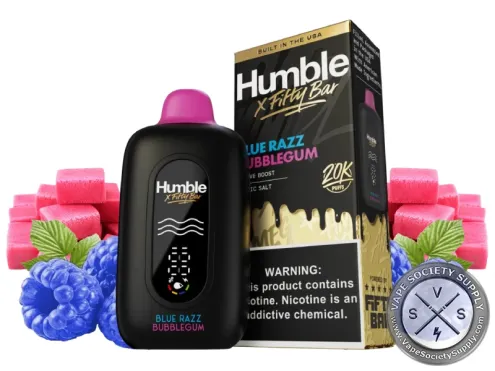 Fifty Bar 20K Humble Blue Razz Bubblegum disposable vape and box with pink bubblegum and blue raspberries