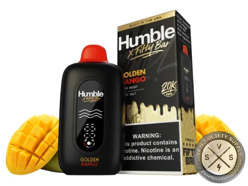 Fifty Bar 20K Humble Golden Mango disposable vape and box with mangoes