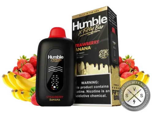 Fifty Bar 20K Humble Strawberry Banana disposable vape and box with strawberries and bananas