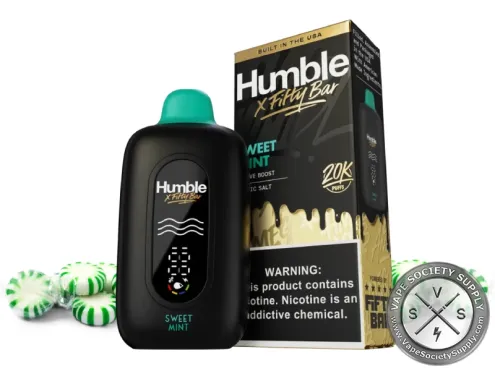 Fifty Bar 20K Humble Sweet Mint disposable vape and box with peppermint candies