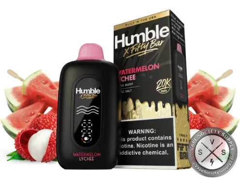 Fifty Bar 20K Humble Watermelon Lychee disposable vape and box with watermelon slices and lychees