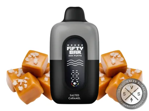 Fifty Bar 20K Black Series Salted Caramel disposable vape with salted caramel cubes