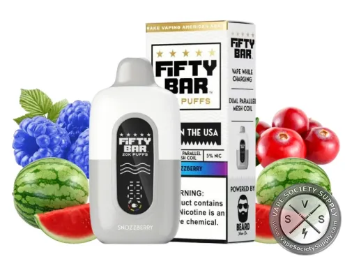Fifty Bar 20K White Series Snozzberry disposable vape and box with blue raspberries, cranberries and watermelon