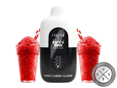 Fifty Bar 20K Fruitia White Cherry Slushie disposable vape with cups of red slush