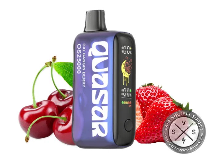Lost Mary Quasar OS25000 Big Bangin Berry disposable vape next to cherries and strawberries