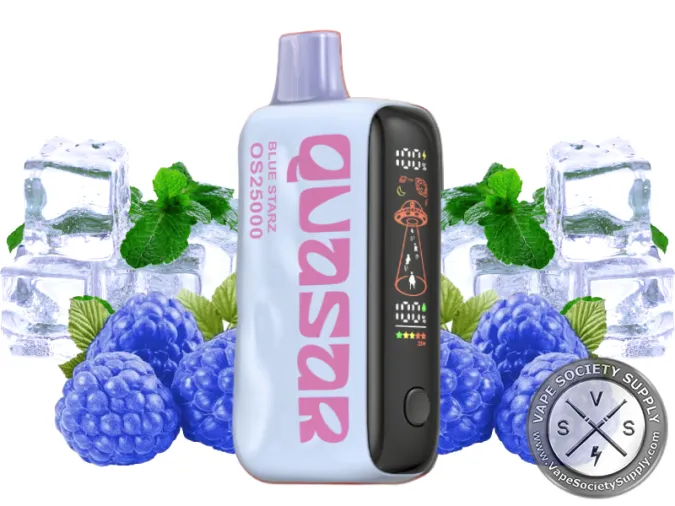 Lost Mary Quasar OS25000 Blue Starz disposable vape next to blue raspberries, ice cubes and mint leaves