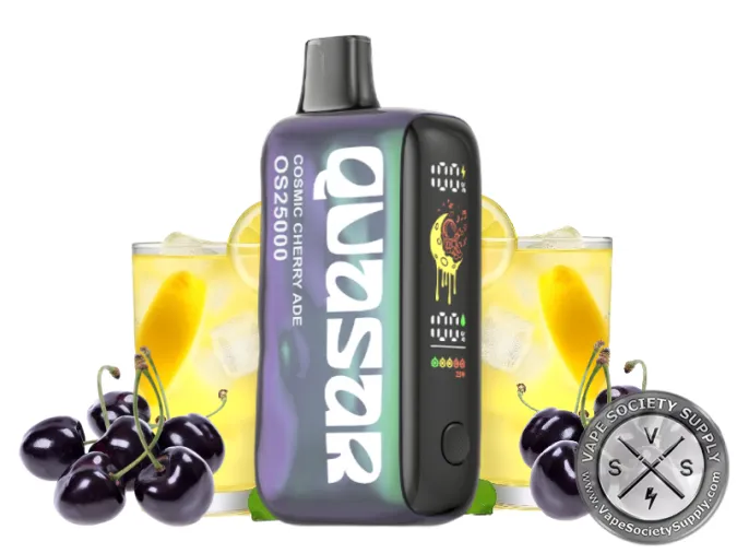 Lost Mary Quasar OS25000 Cosmic Cherry-Ade disposable vape next to black cherries and glasses of lemonade