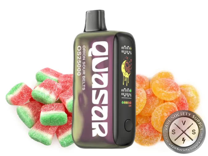 Lost Mary Quasar OS25000 Orion Sour Belts disposable vape next to sour watermelon gummies and peach rings