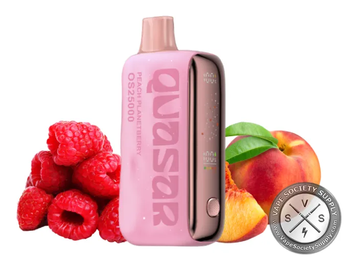 Lost Mary Quasar OS25000 Peach Planetberry disposable vape next to raspberries and peaches