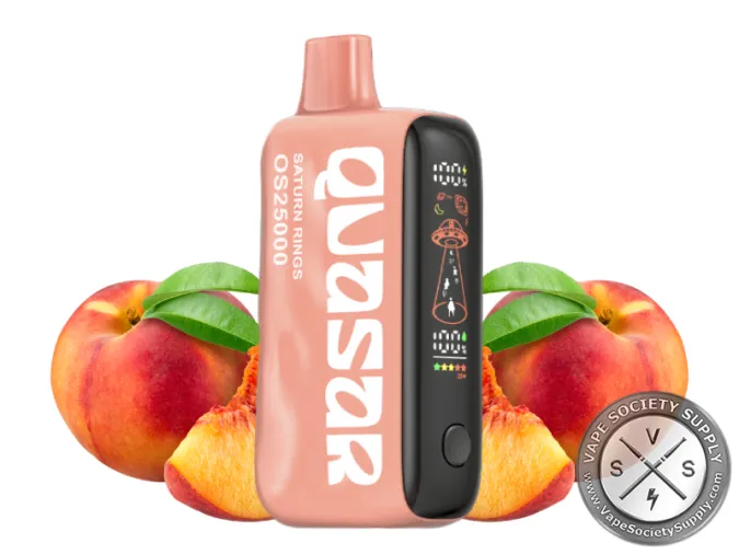 Lost Mary Quasar OS25000 Saturn Rings disposable vape next to peaches