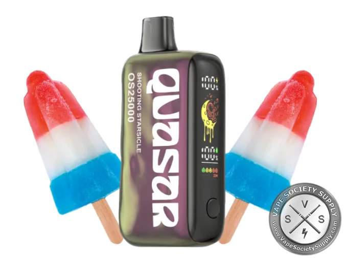 Lost Mary Quasar OS25000 Shooting Starsicle disposable vape next to red, white and blue ice pops
