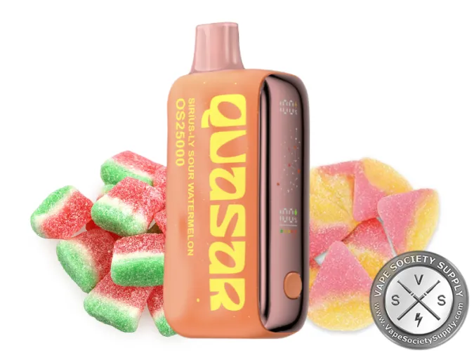 Lost Mary Quasar OS25000 Sirius-ly Sour Watermelon disposable vape next to sour watermelon gummies and pink and yellow sour gummies