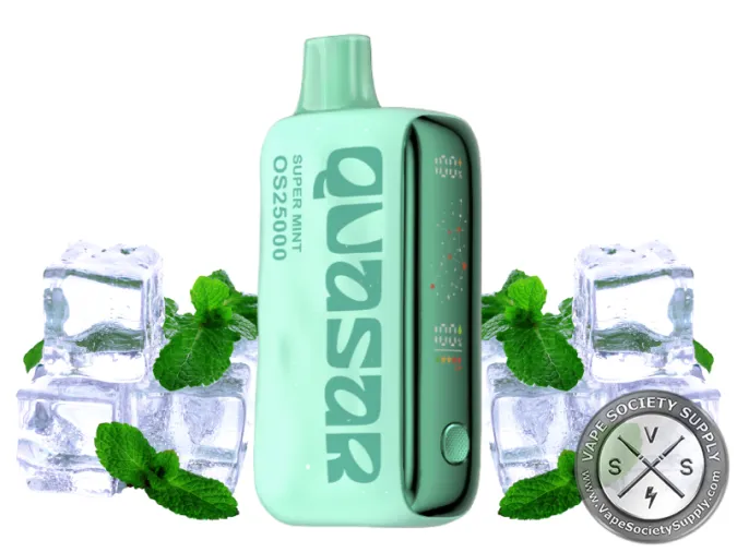 Lost Mary Quasar OS25000 Super Mint disposable vape next to ice cubes and mint leaves