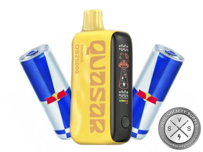 Lost Mary Quasar OS25000 Taurus disposable vape next to blue and silver energy drink cans