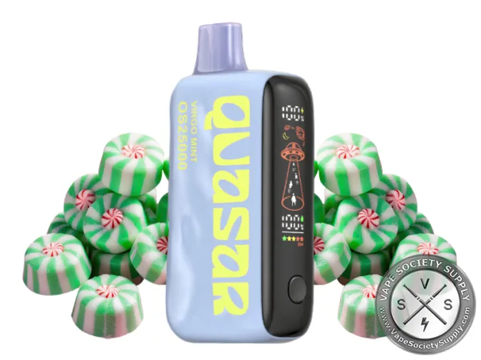 Lost Mary Quasar OS25000 Virgo Mint disposable vape next to green and white striped mint candies