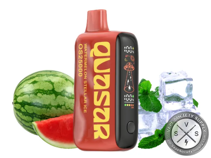 Lost Mary Quasar OS25000 Watermelon Stellar Ice disposable vape next to a watermelon, ice cubes and mint leaves