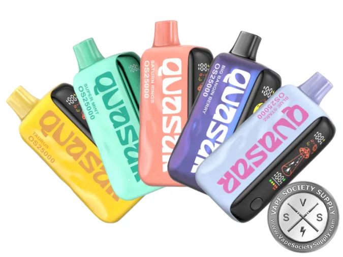Five Lost Mary Quasar OS25000 disposable vapes in yellow, mint green, peach, purple and lavender