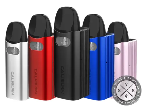 Five Uwell Caliburn AZ3 pod kits in Silver, Red, Black, Blue and Pink
