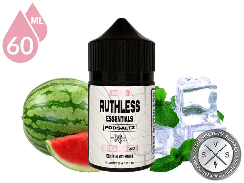 Wtrmln Lime Rush On Ice Ruthless Essentials Pod Salt 60ml bottle with watermelon, mint leaves and ice